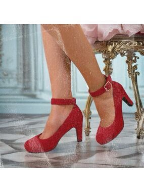 Red Velvet Ankle Strap High Heels with Gold Buckle